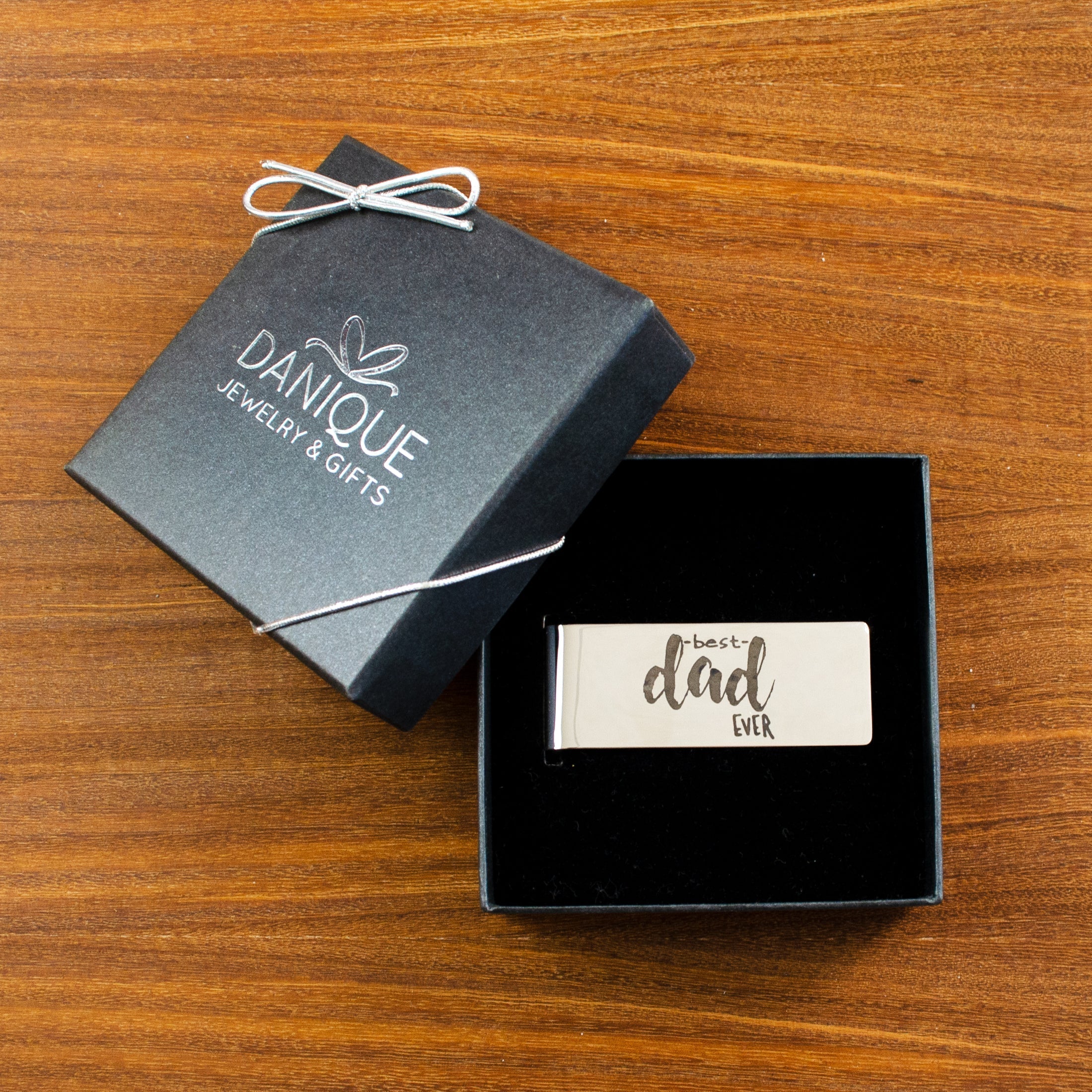 steel silver tone money clip in danique gift box with ribbon. Father's day gift, gift for dad, unique gift for him, unique gift for dad, functional gift
