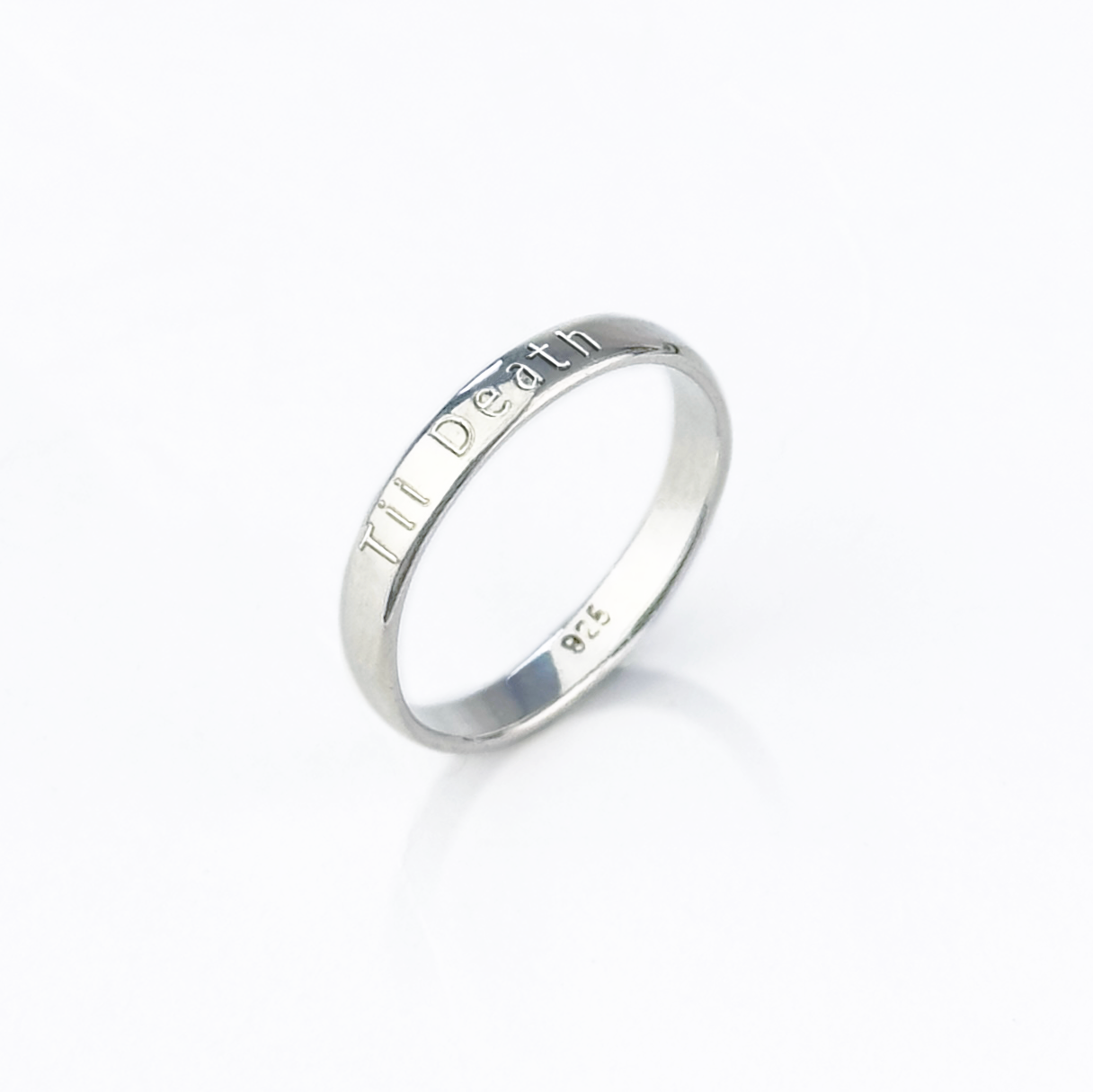 Elegant silver engraved promise ring band, 3mm width, customized with “Till Death” phrase for couples, unisex minimalist jewelry gift for anniversaries or weddings, available in sterling silver, gold, or rose gold, perfect as a Valentine’s Day or anniversary gift for him or her.