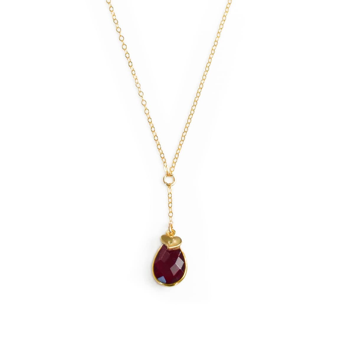 gold garnet lariat necklace with heart charm initial. january birthstone, january birthstone necklace, january gemstone, jewelry gift, necklace gift for her, anniversary gift, christmas gift, valentine's day gift, wedding jewelry, bridesmaid's jewelry, gift for mom, gift for wife, gift for girlfriend, gift for grandma, mother's day gift
