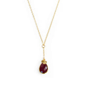 gold garnet lariat necklace with heart charm initial. january birthstone, january birthstone necklace, january gemstone, jewelry gift, necklace gift for her, anniversary gift, christmas gift, valentine's day gift, wedding jewelry, bridesmaid's jewelry, gift for mom, gift for wife, gift for girlfriend, gift for grandma, mother's day gift