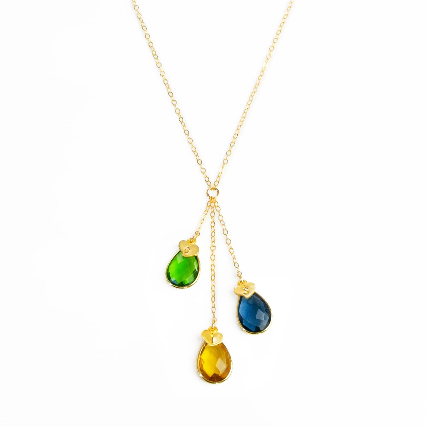 gold lariat necklace with peridot, kyanite, and citrine birthstones with heart initial charms. jewelry gift, necklace gift for her, anniversary gift, christmas gift, valentine's day gift, wedding jewelry, bridesmaid's jewelry, gift for mom, gift for wife, gift for girlfriend, gift for grandma, mother's day gift