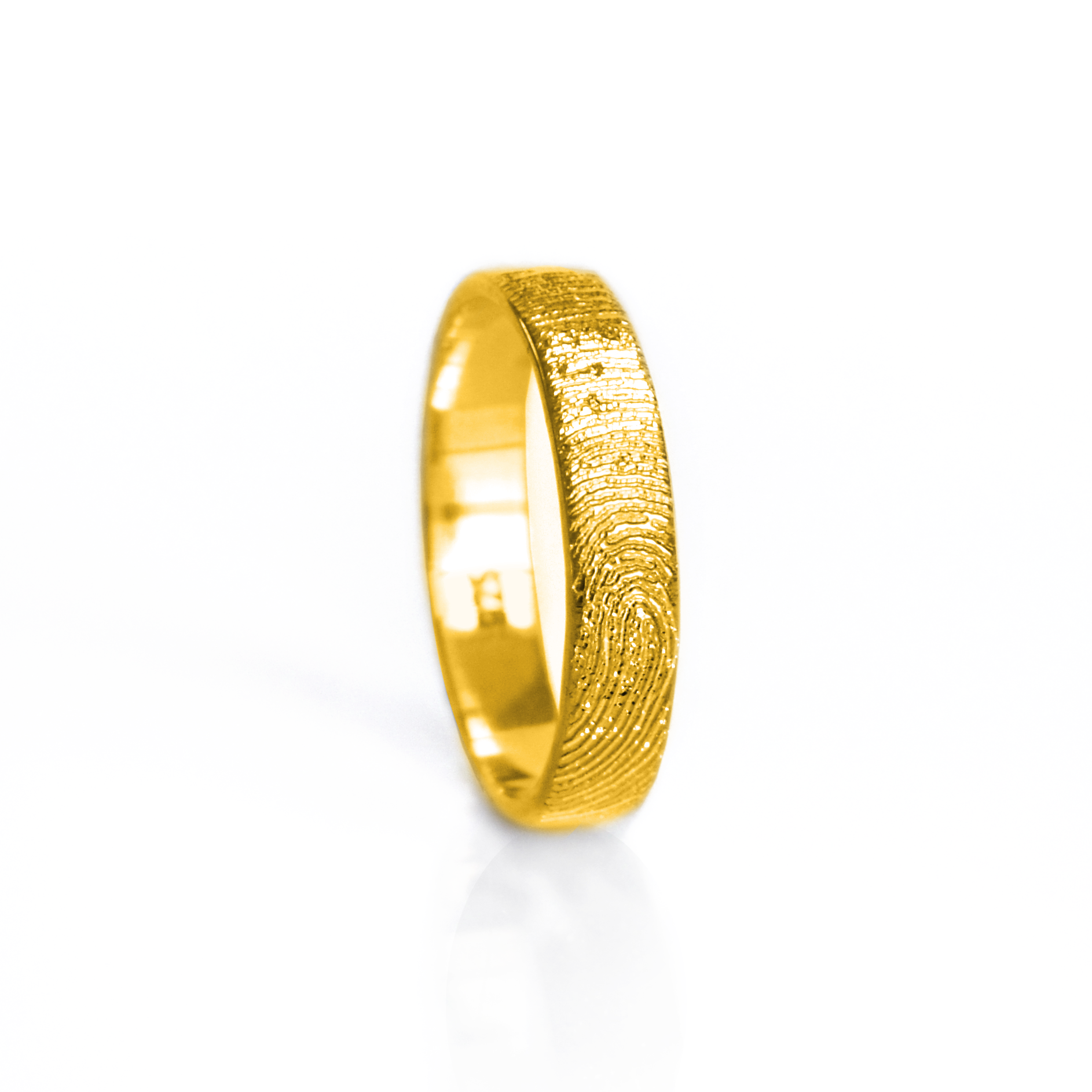 4mm fingerprint engraved ring in gold with detailed fingerprint impression, a custom unisex band perfect for men or women. This personalized engraved ring is crafted as a thin wedding band, promise ring, or memorial keepsake. Available in sterling silver, gold, and rose gold, this handmade fingerprint ring captures the unique touch of your loved one for a meaningful keepsake gift.