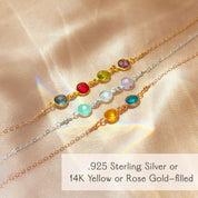 Side-by-side custom birthstone anklets in sterling silver and gold filled, each featuring colorful gemstones. Perfect as a personalized gift for moms, grandmothers, or matching sister/friendship anklets. Handmade in the USA with adjustable or fixed clasp lengths, this jewelry piece is a sentimental keepsake for Mother’s Day, Christmas, anniversaries, or birthdays.