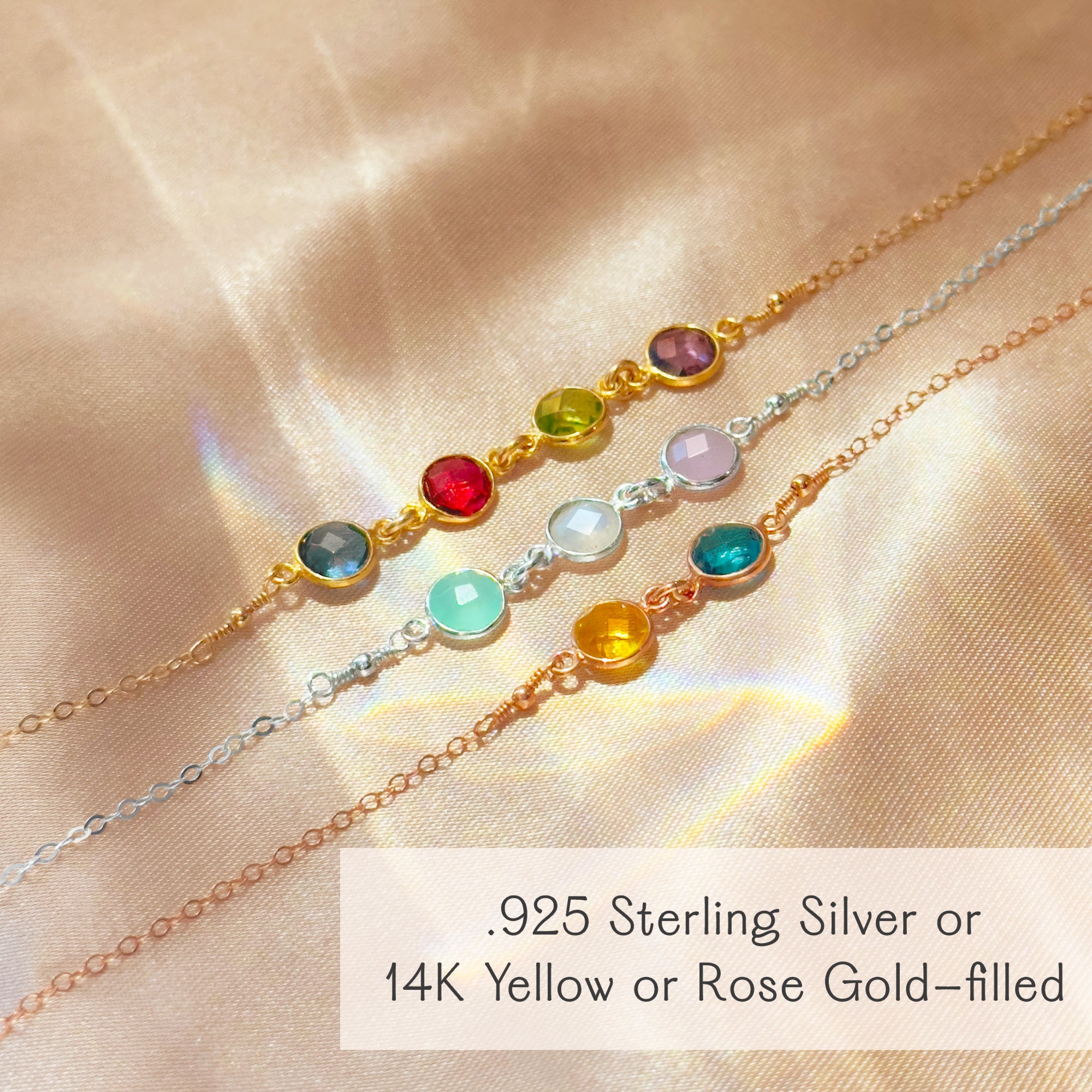 Side-by-side custom birthstone anklets in sterling silver and gold filled, each featuring colorful gemstones. Perfect as a personalized gift for moms, grandmothers, or matching sister/friendship anklets. Handmade in the USA with adjustable or fixed clasp lengths, this jewelry piece is a sentimental keepsake for Mother’s Day, Christmas, anniversaries, or birthdays.
