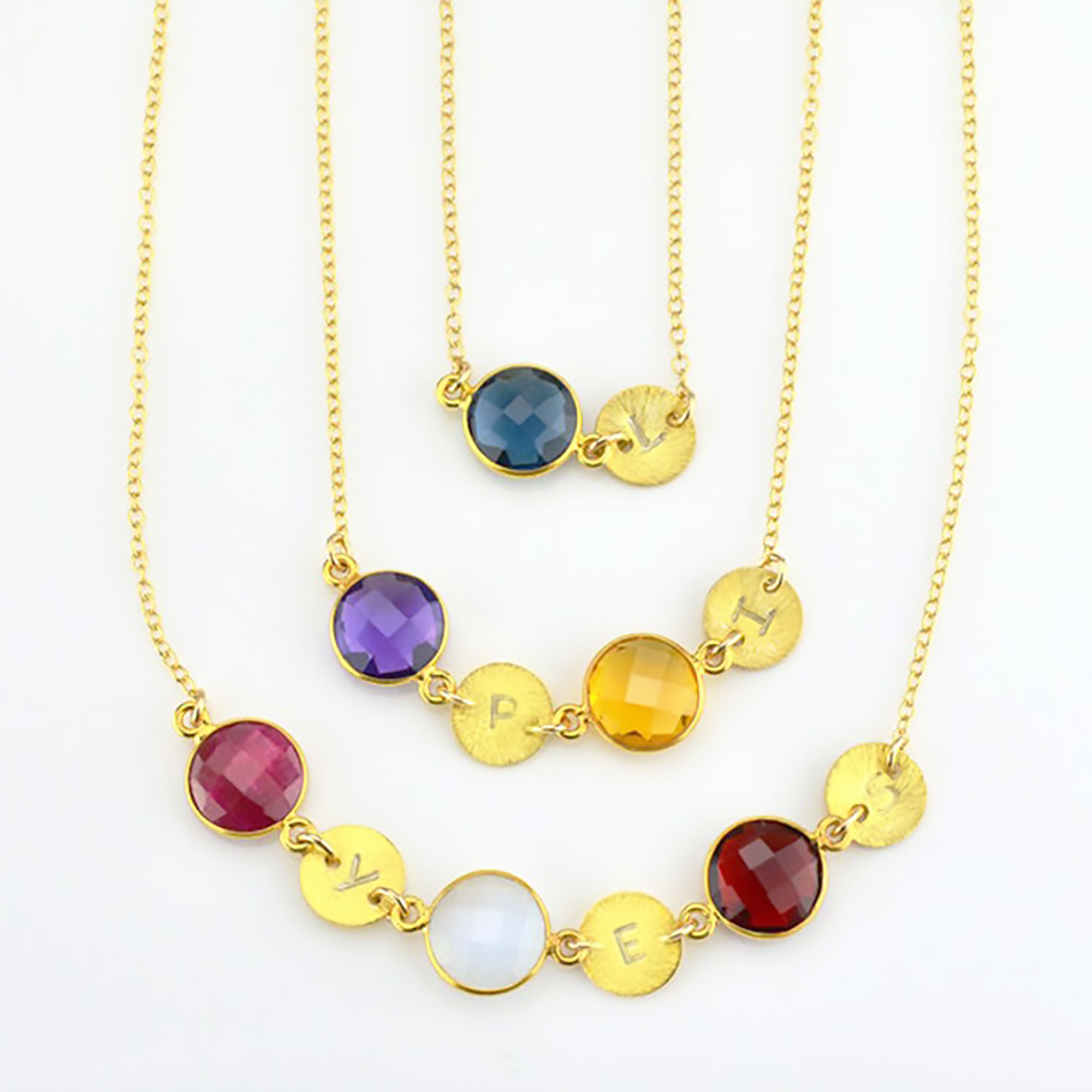 Personalized Round Birthstone & Initial Disc Station Necklace for Mom