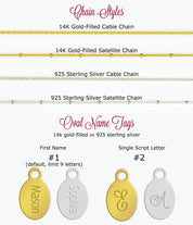 Chain styles in sterling silver, 14 gold filled both cable and satellite options. engrave a full name or single script letter initial
