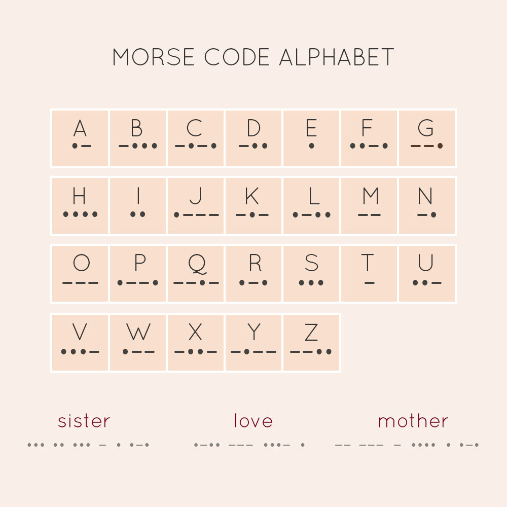 Common phrases: I love you, name, date, number, forever. Morse code is a method of encoding text into sequences of dots and dashes, originally developed for long-distance communication using telegraph systems. Each letter of the alphabet and each number is represented by its own unique combination of these short and long signals. Morse code remains a powerful symbol of communication, secrecy, and connection. meaningful gifts, morse code bracelet, secret message jewelry, morse jewelry, morse gift