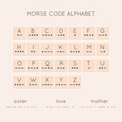 Common phrases: I love you, name, date, number, forever. Morse code is a method of encoding text into sequences of dots and dashes, originally developed for long-distance communication using telegraph systems. Each letter of the alphabet and each number is represented by its own unique combination of these short and long signals. Morse code remains a powerful symbol of communication, secrecy, and connection. meaningful gifts, morse code bracelet, secret message jewelry, morse jewelry, morse gift