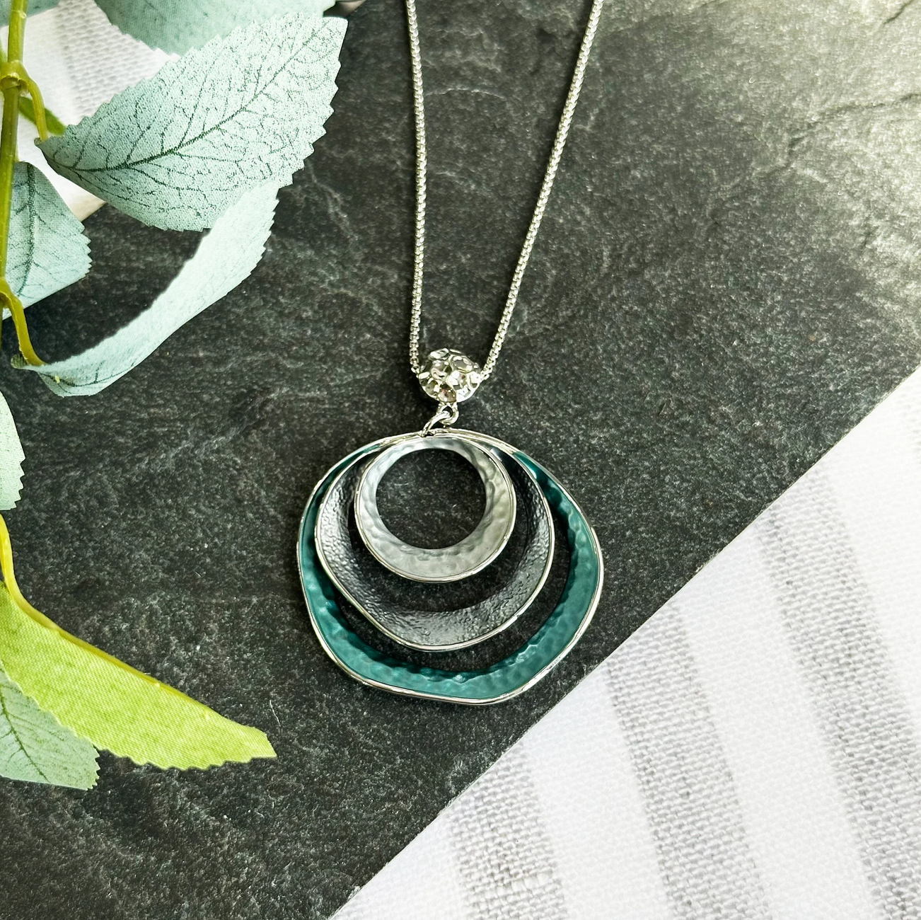 beautiful three-ring circles statement necklace with silver and blue tones boho bohemian