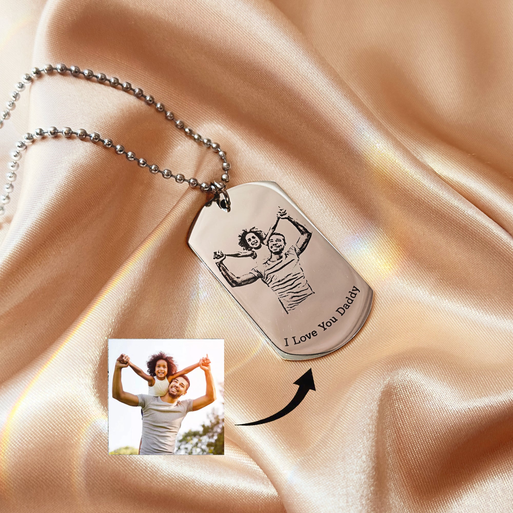 Personalized photo engraved dog tag necklace with custom picture and text message, shown with “I Love You Daddy” engraving. This custom stainless steel necklace is a meaningful keepsake gift for dad, husband, or grandpa, perfect for Father’s Day, birthdays, Christmas, or special occasions. Unique custom jewelry that transforms your favorite photo into a lasting memory he can wear every day, ideal for family, kids, or couples.