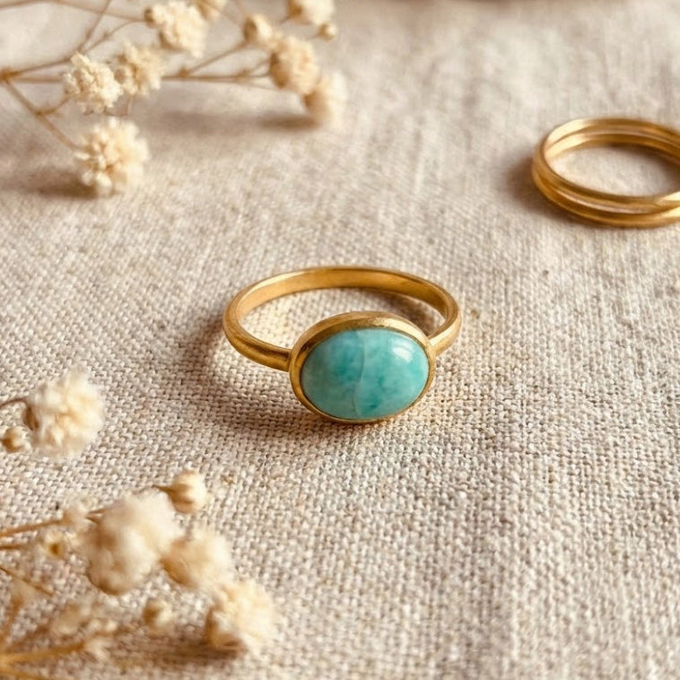 Oval Amazonite Cabochon Ring – Sterling Silver Bezel Set
