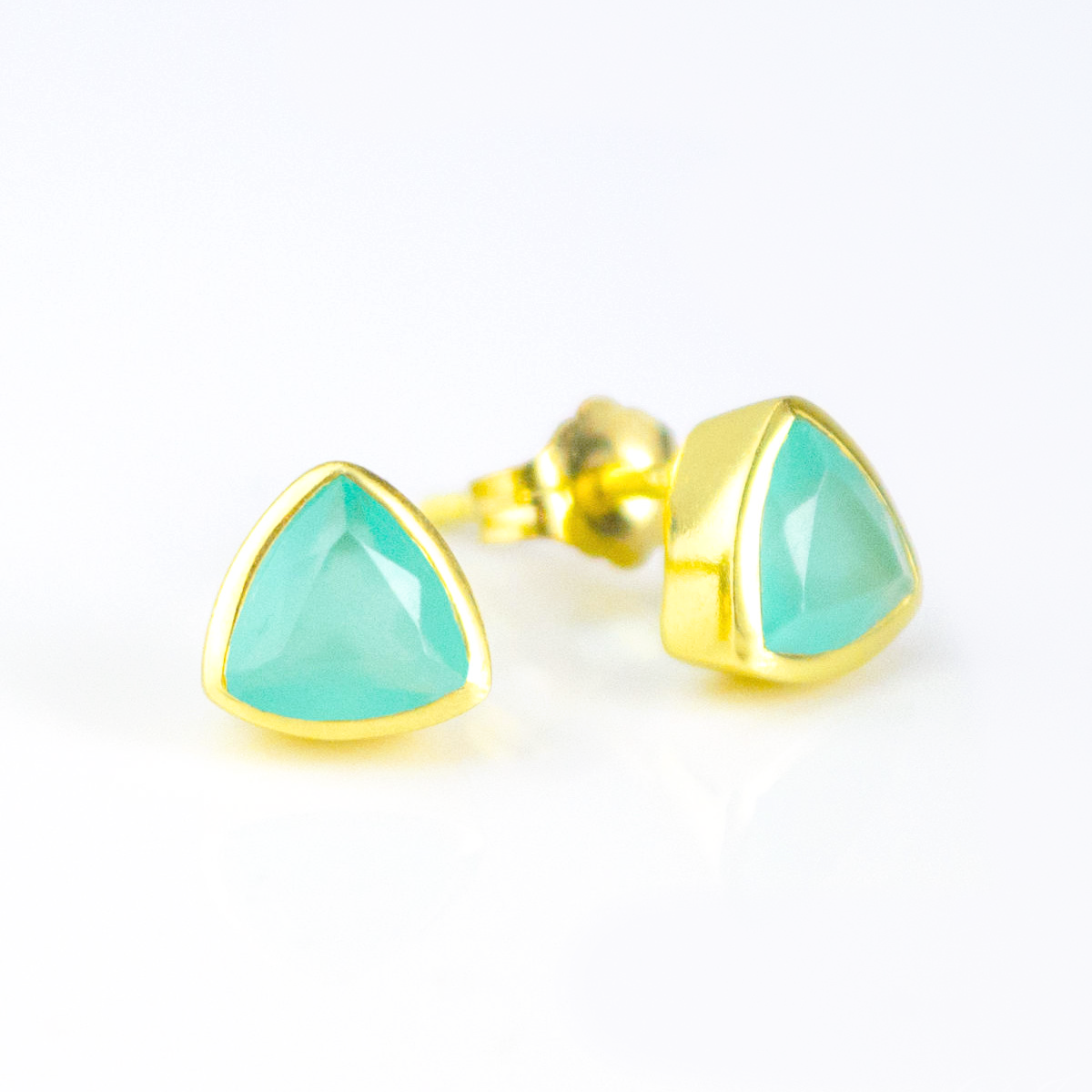 Minimalist Aquamarine Chalcedony Triangle Studs • March Birthstone
