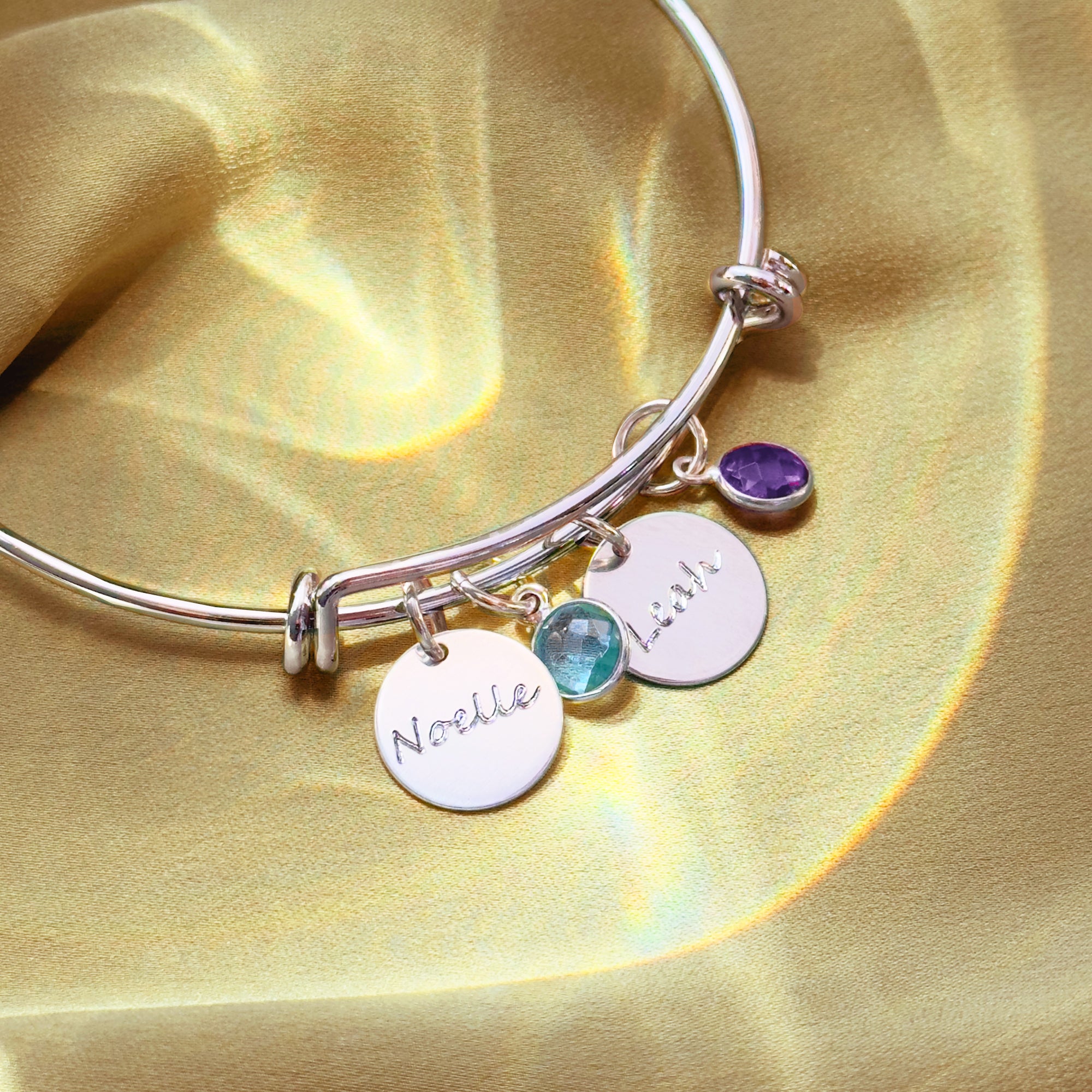 Round Birthstone Mother's Bangle with Engraved Name Discs