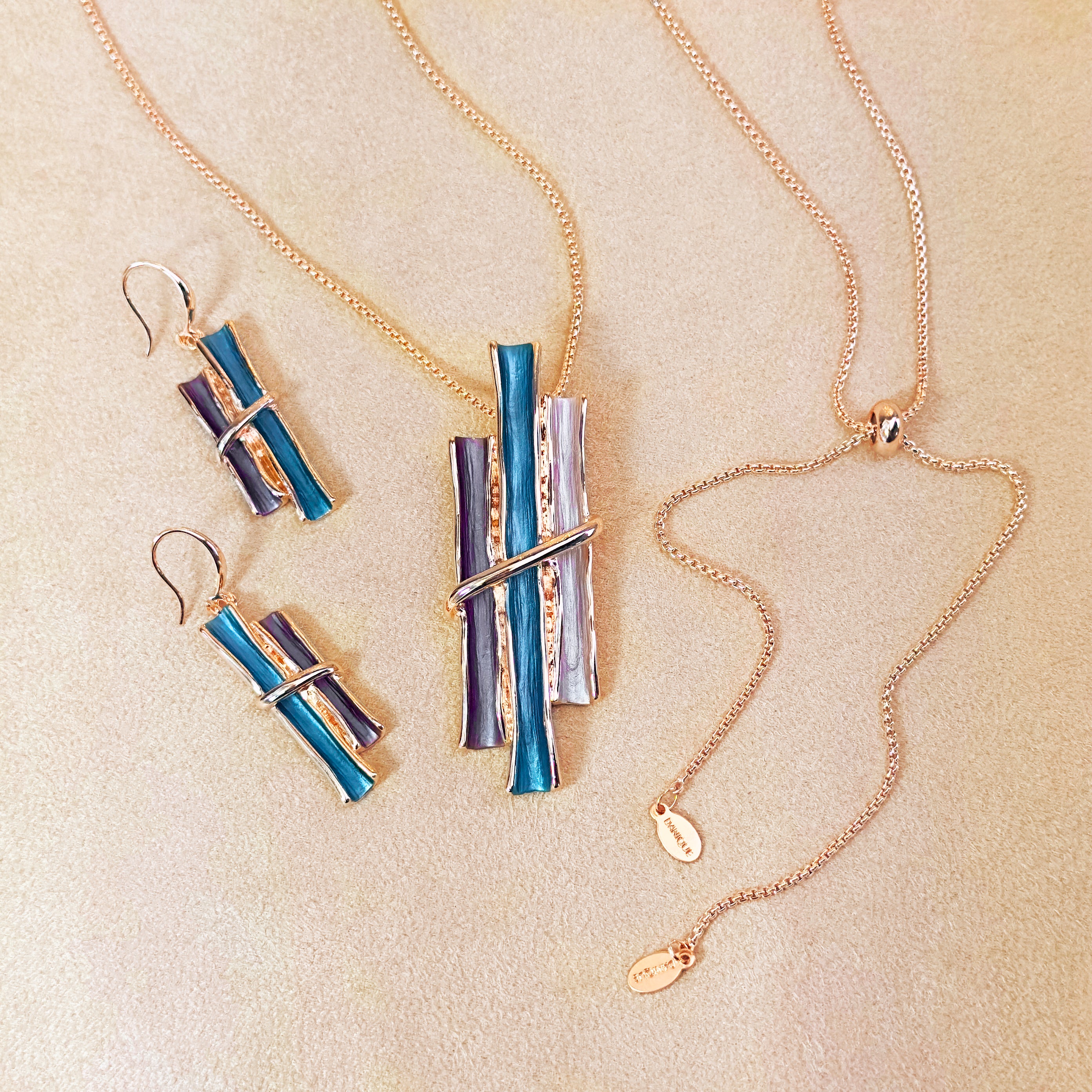 A triple bamboo branch rose gold necklace and earring set against a velvet background. Custom colors available, personalized color necklace for her, Mother's Day gift for mom 3 kids, personalized gift for women, statement necklace, summer statement jewelry