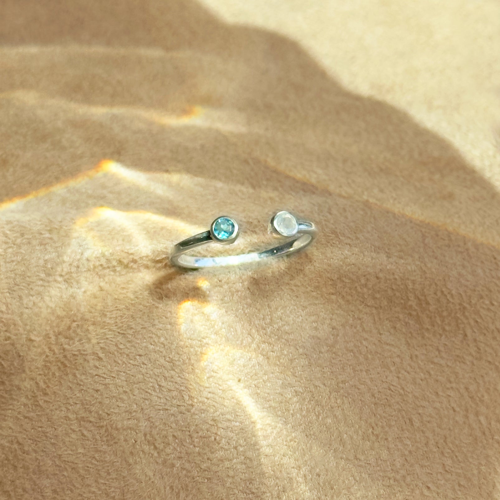 Dainty Dual Birthstone Adjustable Ring, Personalized Gemstone Ring, Mom of Two Ring, Sterling Silver, Gold, Rose, Custom Bezel Set Ring for Women