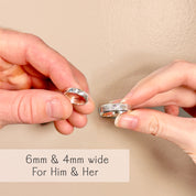 His and hers fingerprint rings shown in 6mm and 4mm widths, ideal as couple’s engraved wedding bands or anniversary gifts. Custom fingerprint engraving creates meaningful personalized jewelry for him or her. Available in sterling silver, gold, or rose gold. Perfect for custom memorial rings, sympathy gifts, personalized wedding bands, or remembrance jewelry to honor loved ones.