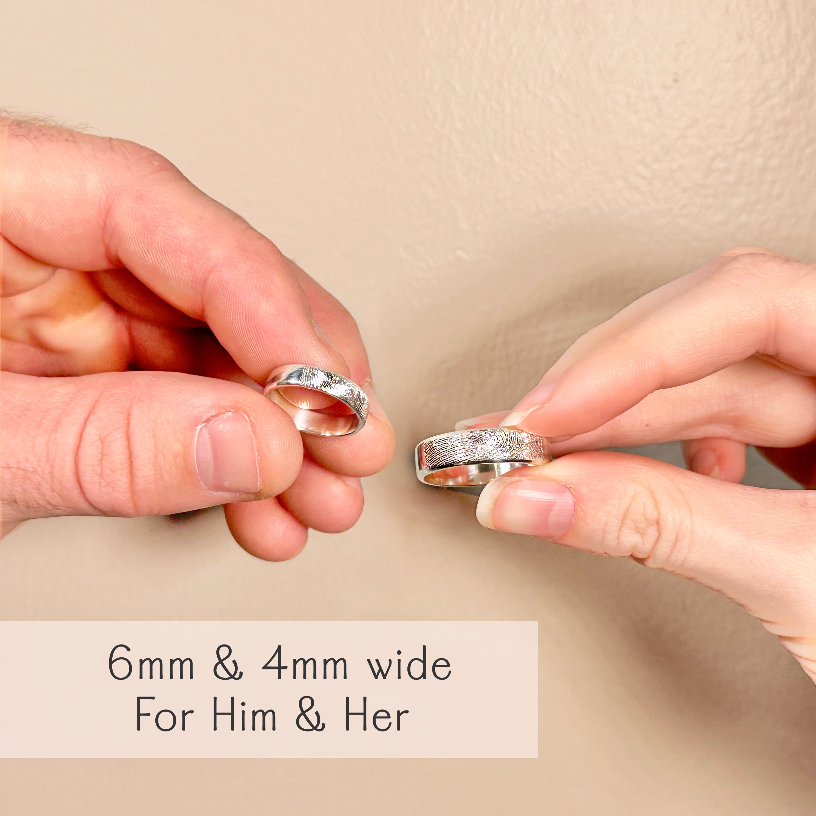 His and hers fingerprint rings shown in 6mm and 4mm widths, ideal as couple’s engraved wedding bands or anniversary gifts. Custom fingerprint engraving creates meaningful personalized jewelry for him or her. Available in sterling silver, gold, or rose gold. Perfect for custom memorial rings, sympathy gifts, personalized wedding bands, or remembrance jewelry to honor loved ones.