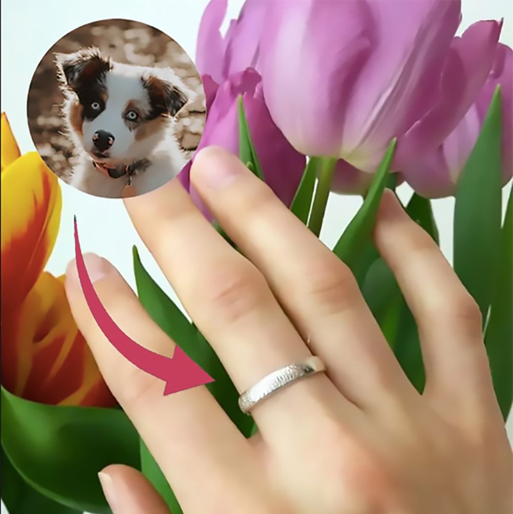 Delicate 4mm dog nose print ring worn on the hand, illustrating an everyday, stackable pet keepsake jewelry style. Personalized with your dog’s nose texture and optional inside text, this unisex memorial band comes in sterling silver or gold vermeil—an elegant personalized dog memorial gift for birthdays, anniversaries, Mother’s Day or Father’s Day, and thoughtful remembrance occasions.