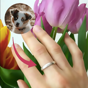 Delicate 4mm dog nose print ring worn on the hand, illustrating an everyday, stackable pet keepsake jewelry style. Personalized with your dog’s nose texture and optional inside text, this unisex memorial band comes in sterling silver or gold vermeil—an elegant personalized dog memorial gift for birthdays, anniversaries, Mother’s Day or Father’s Day, and thoughtful remembrance occasions.