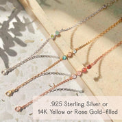 Collection of tiny birthstone bar bracelets in sterling silver and yellow or rose gold filled, featuring colorful natural gemstones arranged in a dainty bar design. These personalized bracelets are perfect for moms, daughters, or grandmothers as birthday jewelry, Christmas gifts, or Mother’s Day presents. Minimalist yet meaningful, each bracelet is handcrafted with 3mm or 4mm gemstones in sterling silver or 14k gold filled.