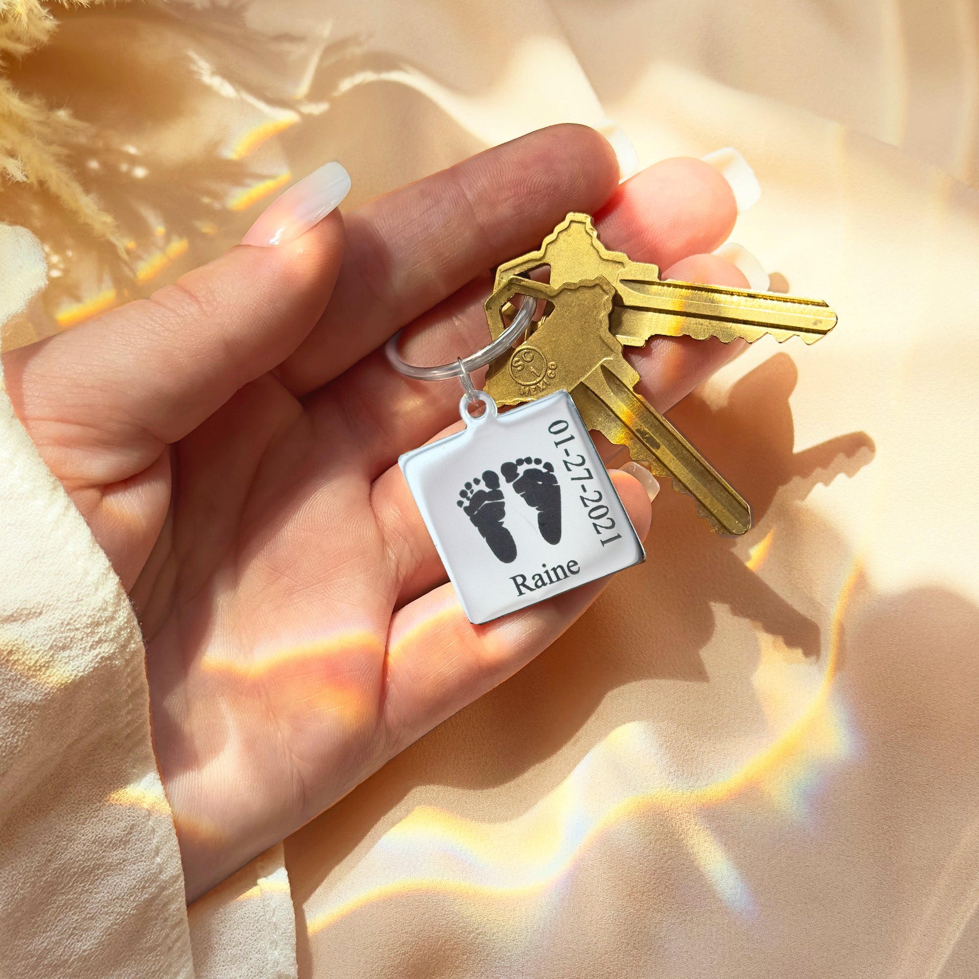 Actual Baby's Hand or Footprint Keychain, Keepsake for New Parent, Father's Day Gift for New Dad, Silver Mirror Finish Custom Photo Engraved Keychain