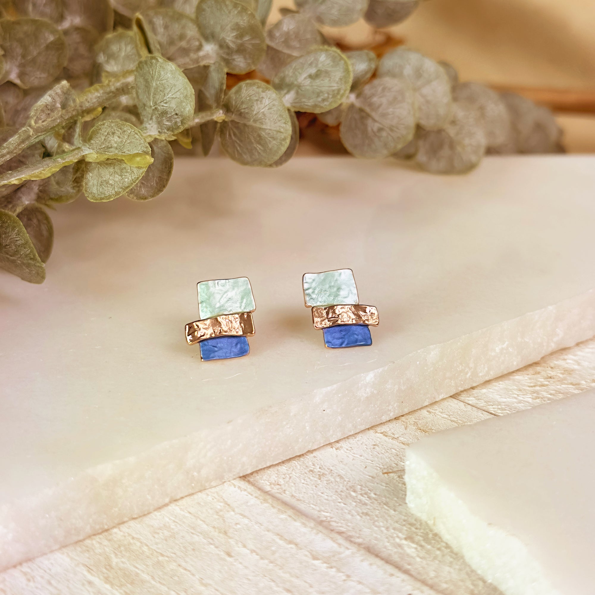Stacked Squares Custom Stud Earrings, Boho Style Gold, Silver, Rose Gold Studs, Custom Color Multicolor Earrings, Personalized Earring Gift for Wife