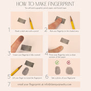 Step-by-step guide on how to create a clear fingerprint at home for custom engraved jewelry. Instructions show shading a dark area with a pencil, rubbing your fingertip, pressing it onto paper, and photographing the result to send for engraving. This DIY fingerprint tutorial helps customers provide high-quality prints for personalized rings, necklaces, and memorial jewelry. Perfect reference for creating custom fingerprint keepsakes and meaningful engraved gifts.