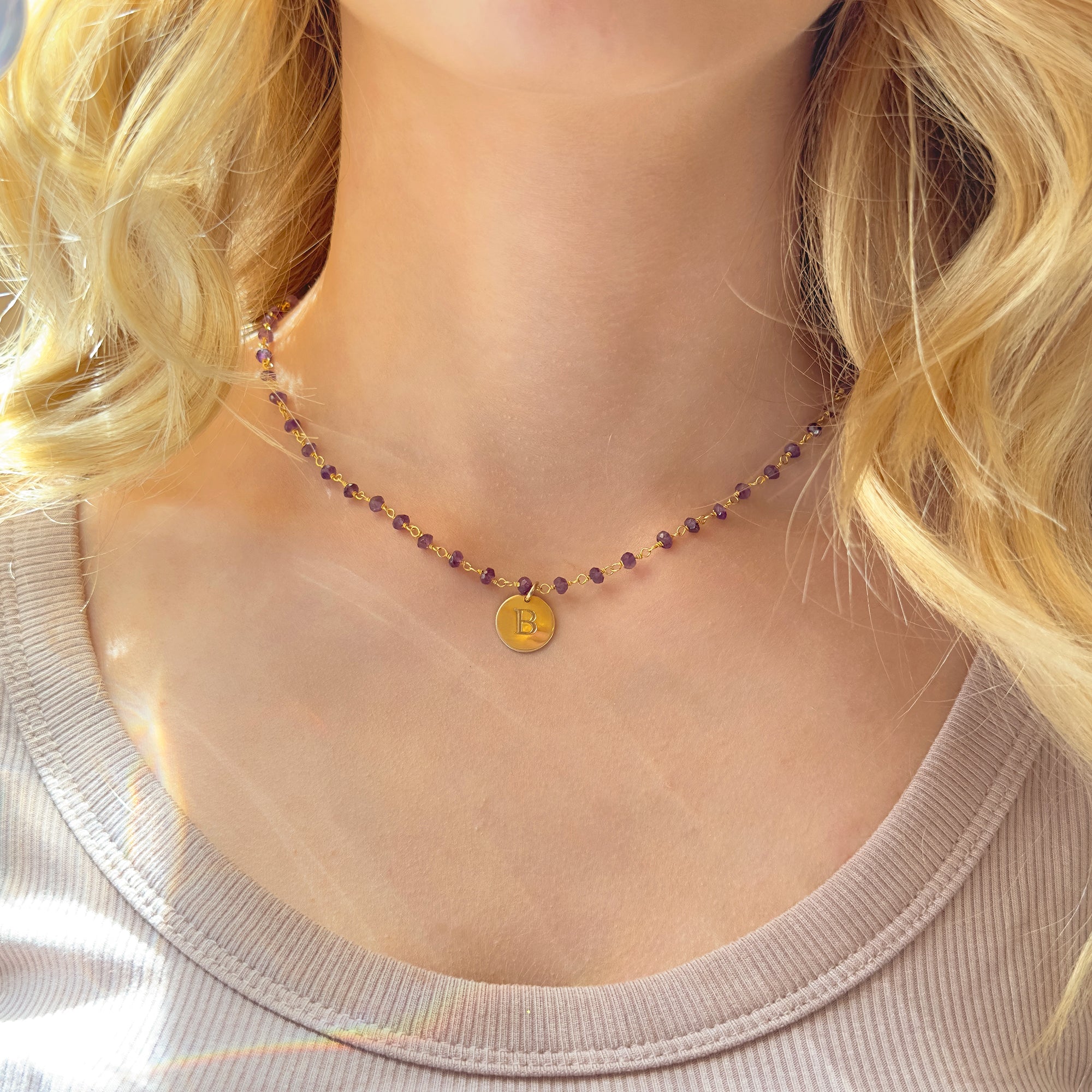 Gemstone Daisy Chain Necklace with Custom Initial, Sterling Silver or Gold, Natural Crystal Choker, Personalized Unique Wire Wrapped Gift for Her