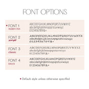 Engraving font options guide for personalized jewelry — four fonts (Modern Thin default, Script, Classic, Block) with uppercase, lowercase, numbers and symbols; pick a typestyle for custom names, dates, coordinates or monograms on rings, necklaces, bracelets, and keychains.