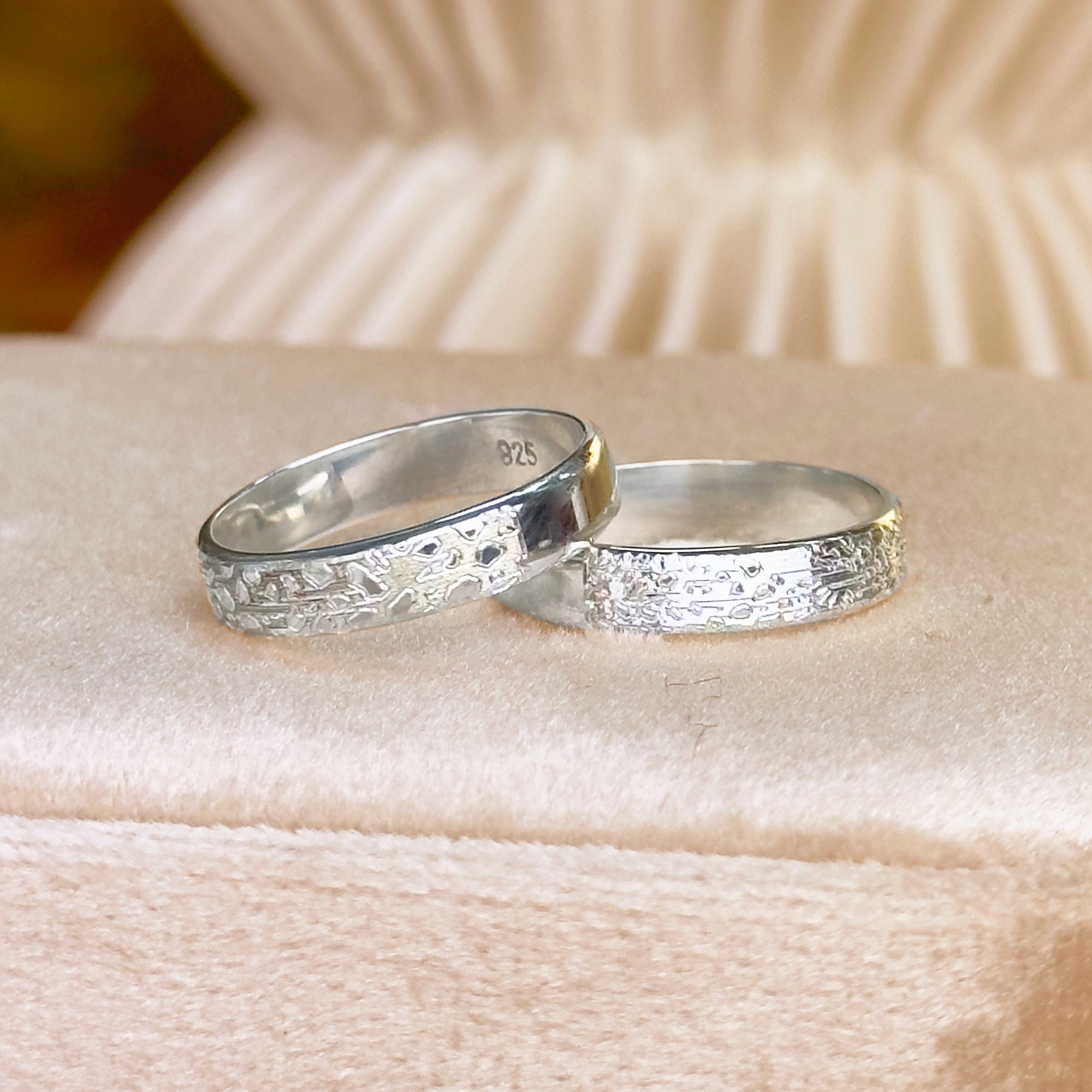 Two coordinating 4mm bands—one sterling silver, one gold vermeil—each with a custom dog nose print ring engraving, ideal as matching pet keepsake bands or promise rings. Add inside engraving to personalize. A heartfelt dog memorial gift for couples or families honoring a beloved pup; elegant, stackable, and comfortable for daily wear.