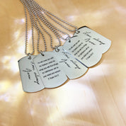 Custom engraved stainless steel dog tag necklaces displayed with personalized messages and names, military-style design, unisex jewelry for men or women, ideal personalized gift for him for Christmas, birthdays, anniversaries, or Father’s Day, durable quality pendant with optional front and back engraving, ball chain style necklace with brushed finish, meaningful keepsake jewelry accessory designed to last a lifetime, handcrafted with precision, shipped in gift-ready packaging for easy gifting.