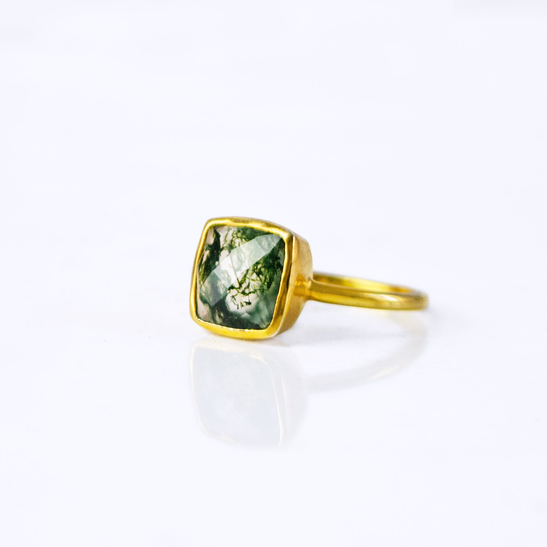 Moss Agate Cushion Cut Ring – Sterling Silver Bezel Set November