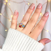 Model stacking garnet, blue topaz and purple amethyst gold plated rings. stack set, stacking rings, gemstone ring, birthstone ring, mother's day gift for her, gift for mom, gift for fiance, gift for girlfriend, wedding jewelry, bridesmaid jewelry, anniversary jewelry, anniversary gift, birthday gift, christmas gift, valentine's day gift, valentine's day rings, dainty ring, cocktail ring, statement ring, bezel set