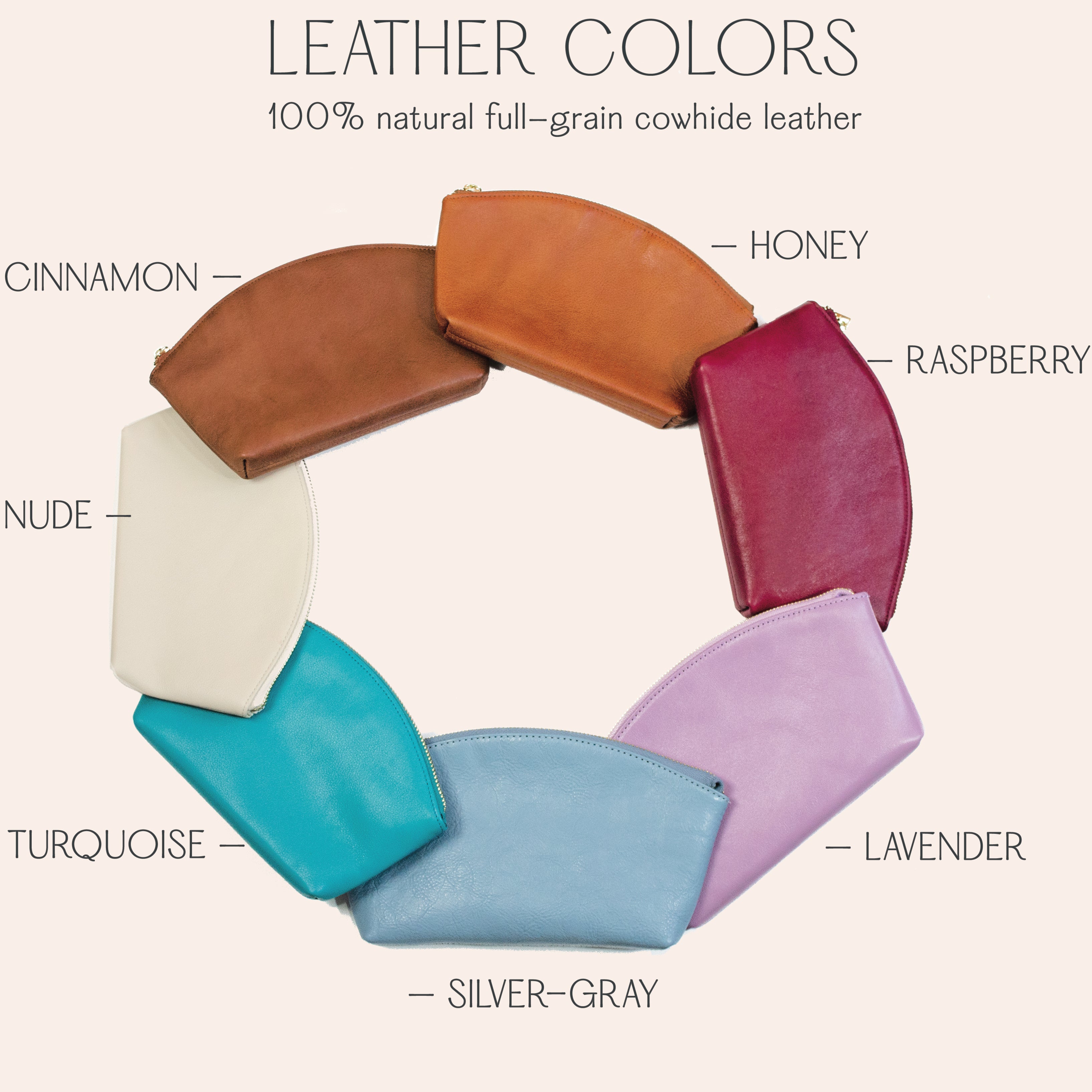 Leather cosmetic bag color chart with options including cinnamon, honey, nude, raspberry, turquoise, lavender, and silver-gray. Each custom cosmetic pouch is made from genuine leather and engraved with initials, names, or handwriting. Perfect for personalized travel makeup bags, bridesmaid gifts, or everyday organizers. A versatile and stylish gift for women.