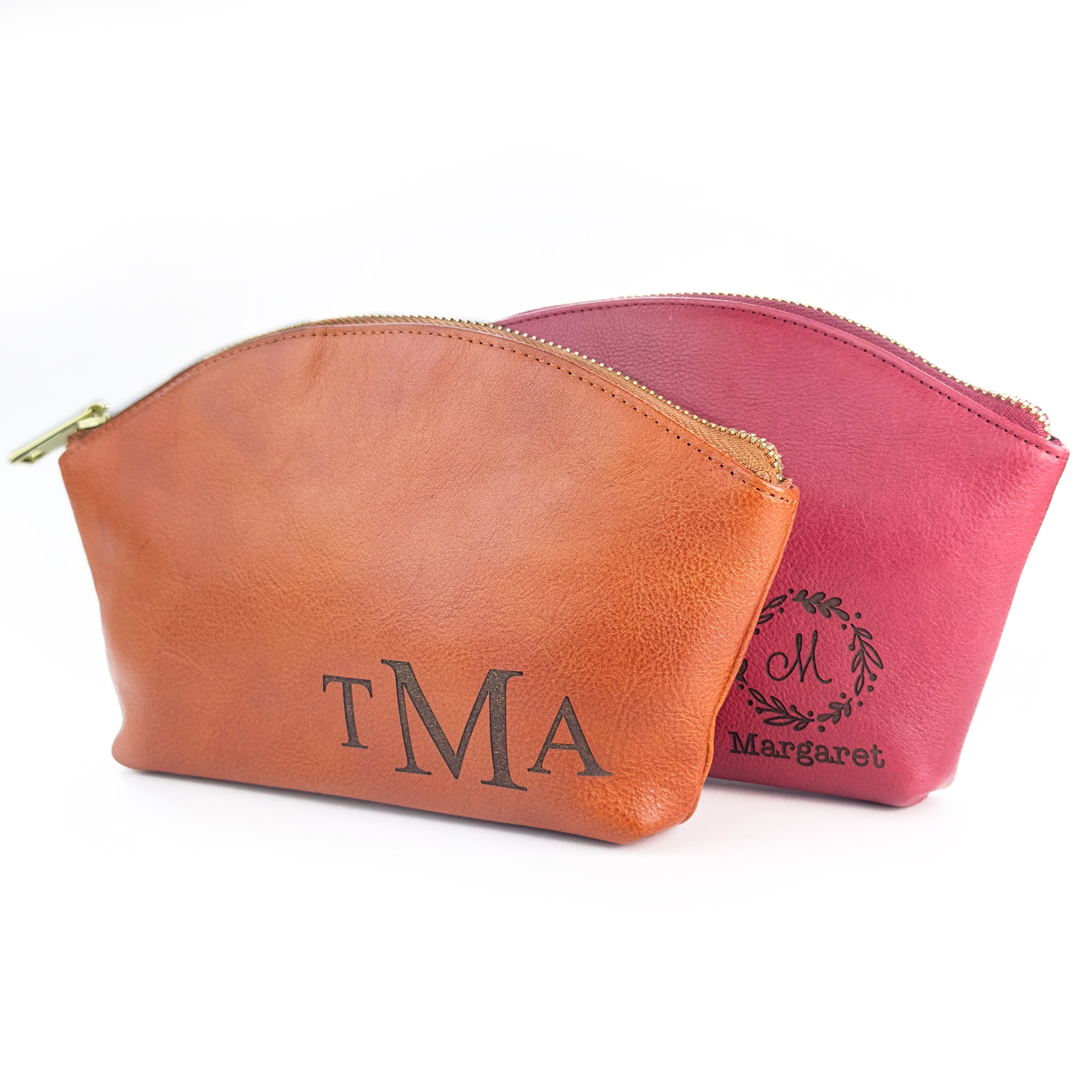 Personalized leather cosmetic bags in brown and raspberry pink, custom engraved with initials, monogram, and names. Ideal as custom bridesmaid gifts, travel makeup pouches, or everyday organizers. Durable leather design with zipper closure, available in multiple colors. A stylish and practical personalized cosmetic bag for women, moms, bridesmaids, or frequent travelers.