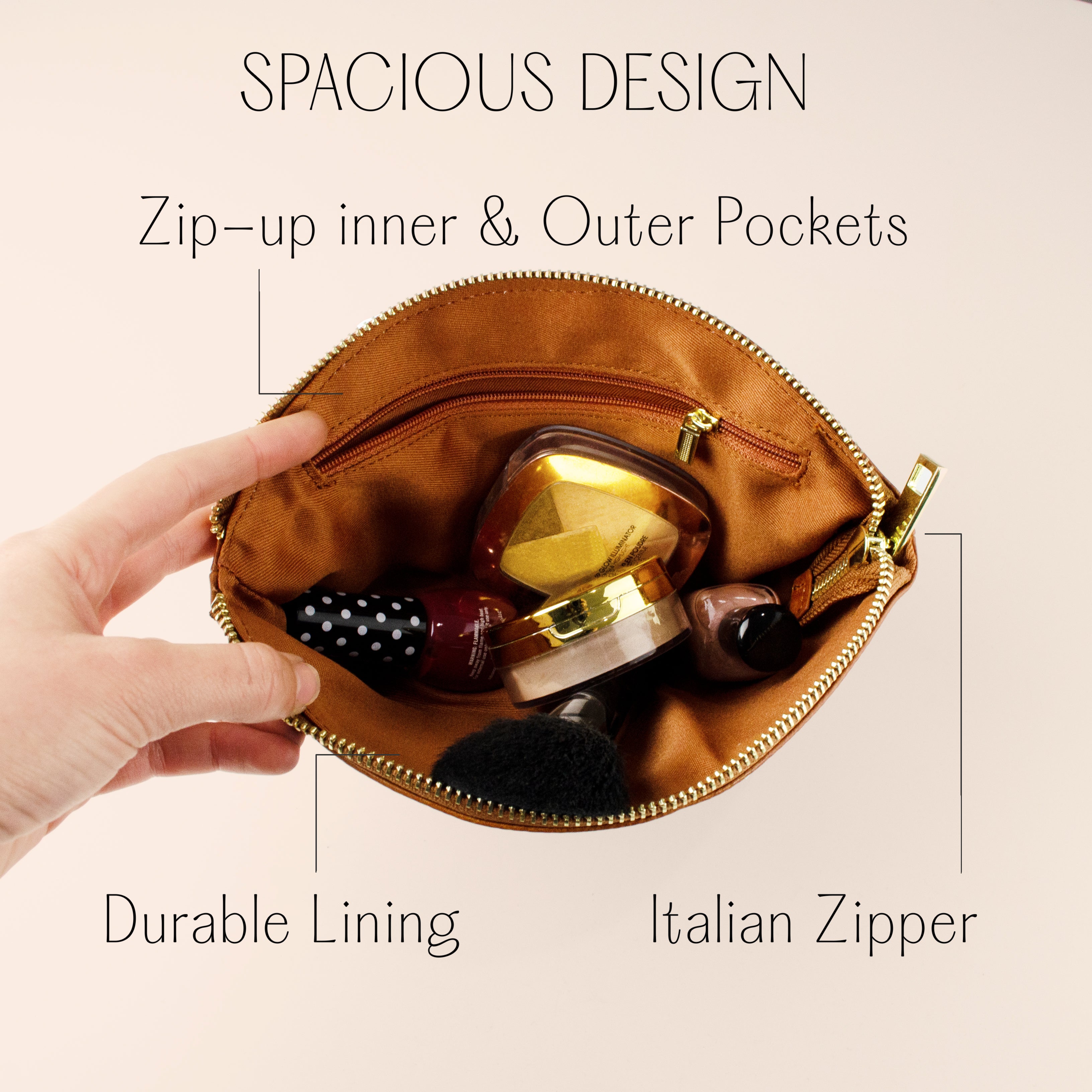 Spacious leather cosmetic bag with Italian zipper and durable lining, shown open and filled with makeup essentials like compact powder, lipstick, and perfume. This functional travel pouch includes zip-up inner and outer pockets for secure organization, making it a stylish yet practical gift for women who love beauty and travel. A high-quality personalized toiletry case designed for everyday use, bridesmaids, or special occasions.