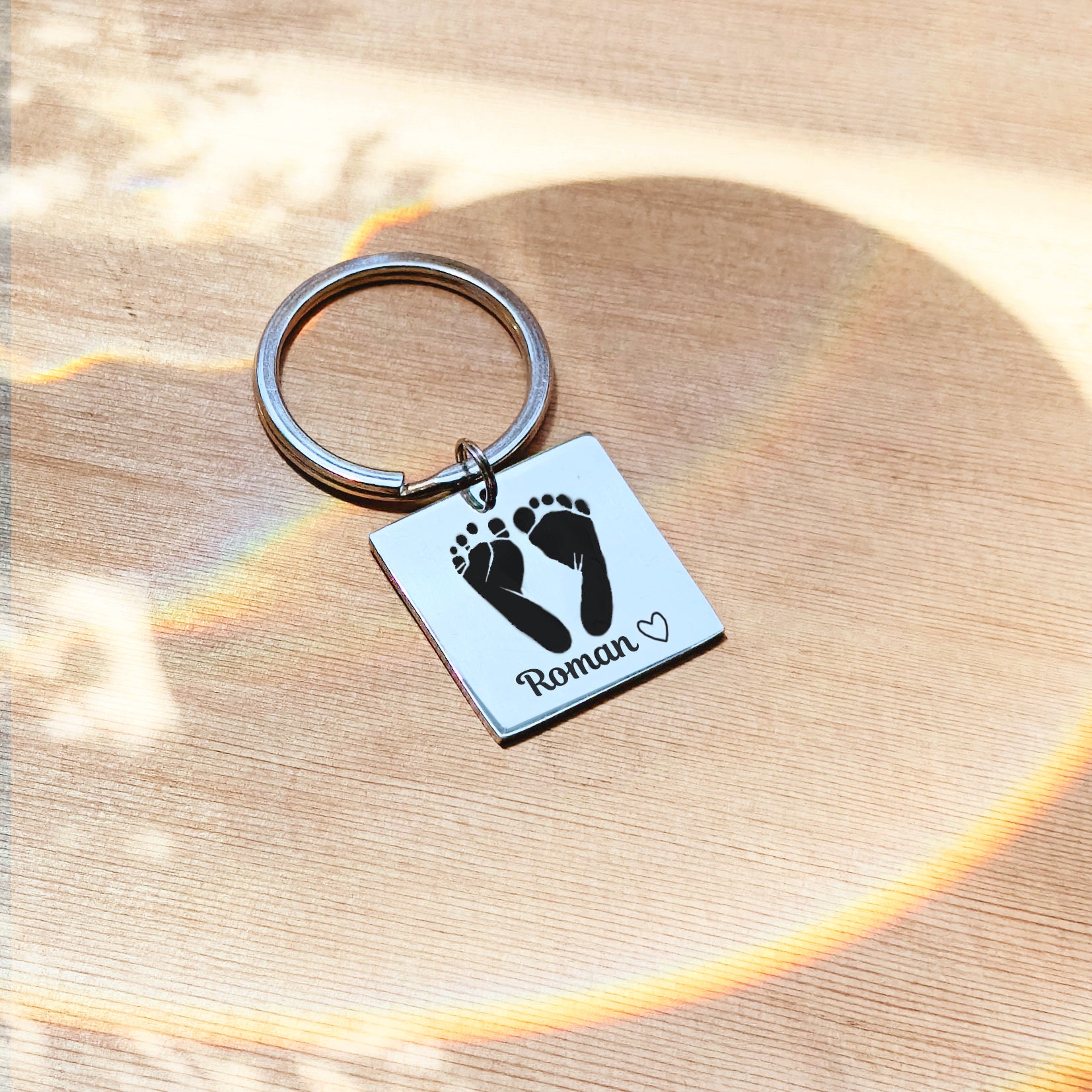 Actual Baby's Hand or Footprint Keychain, Keepsake for New Parent, Father's Day Gift for New Dad, Silver Mirror Finish Custom Photo Engraved Keychain