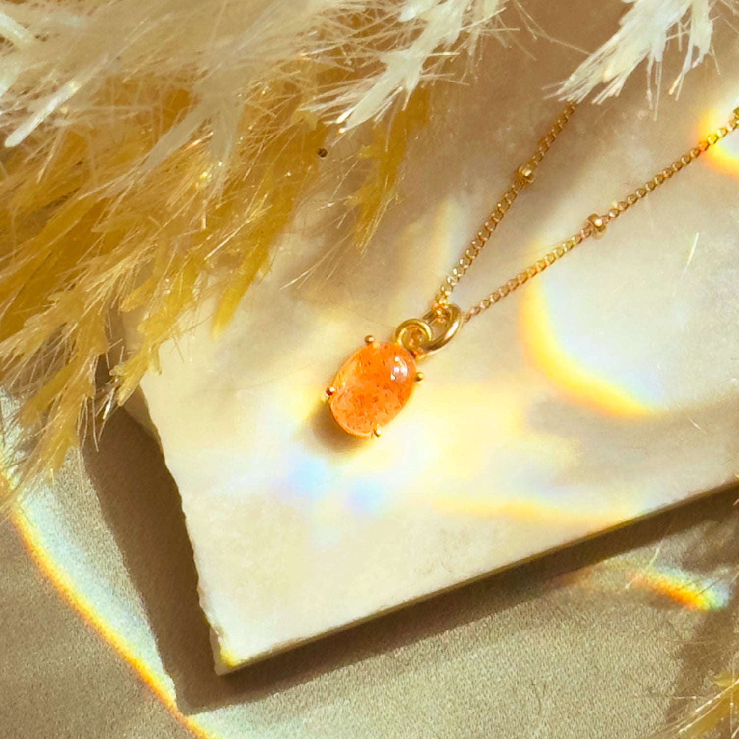 Natural Sunstone Cabochon Necklace Dainty Prong-Set Oval Pendant