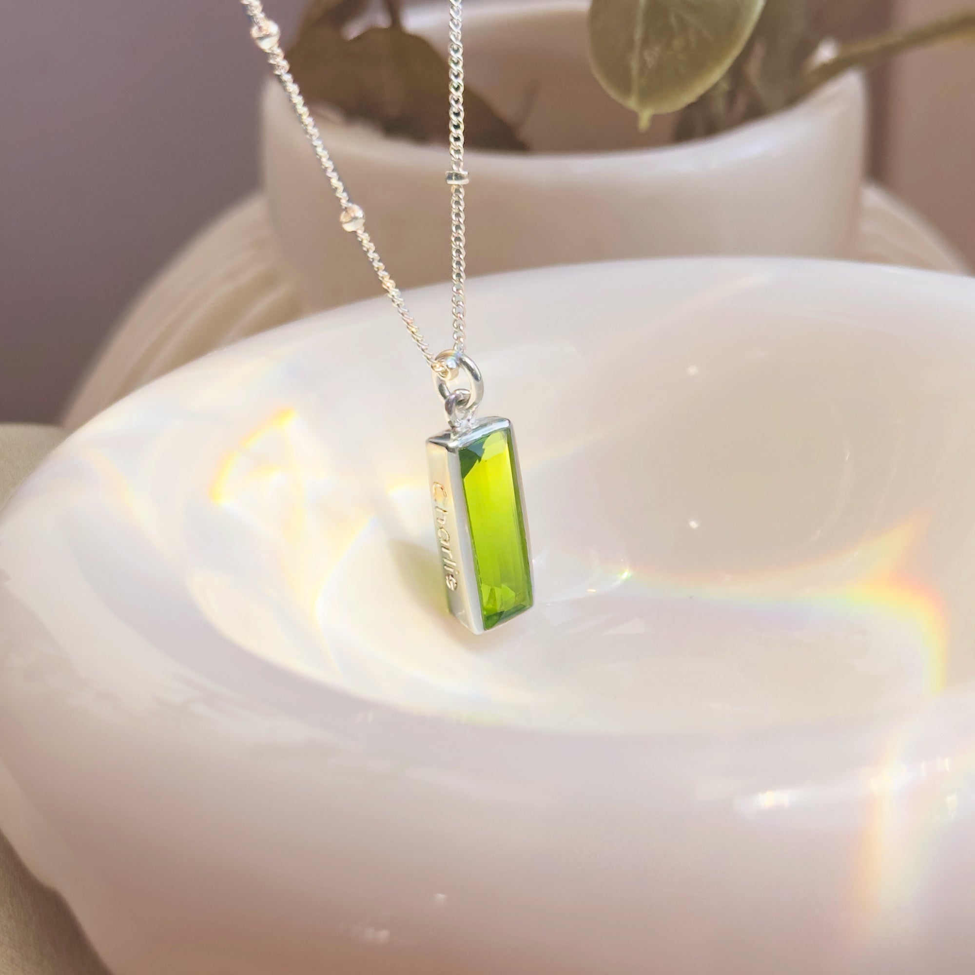 Peridot Vertical Bar Necklace : August Birthstone : Adira Series