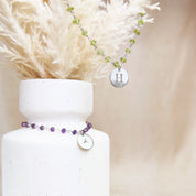 Gemstone Daisy Chain Necklace with Custom Initial, Sterling Silver or Gold, Natural Crystal Choker, Personalized Unique Wire Wrapped Gift for Her