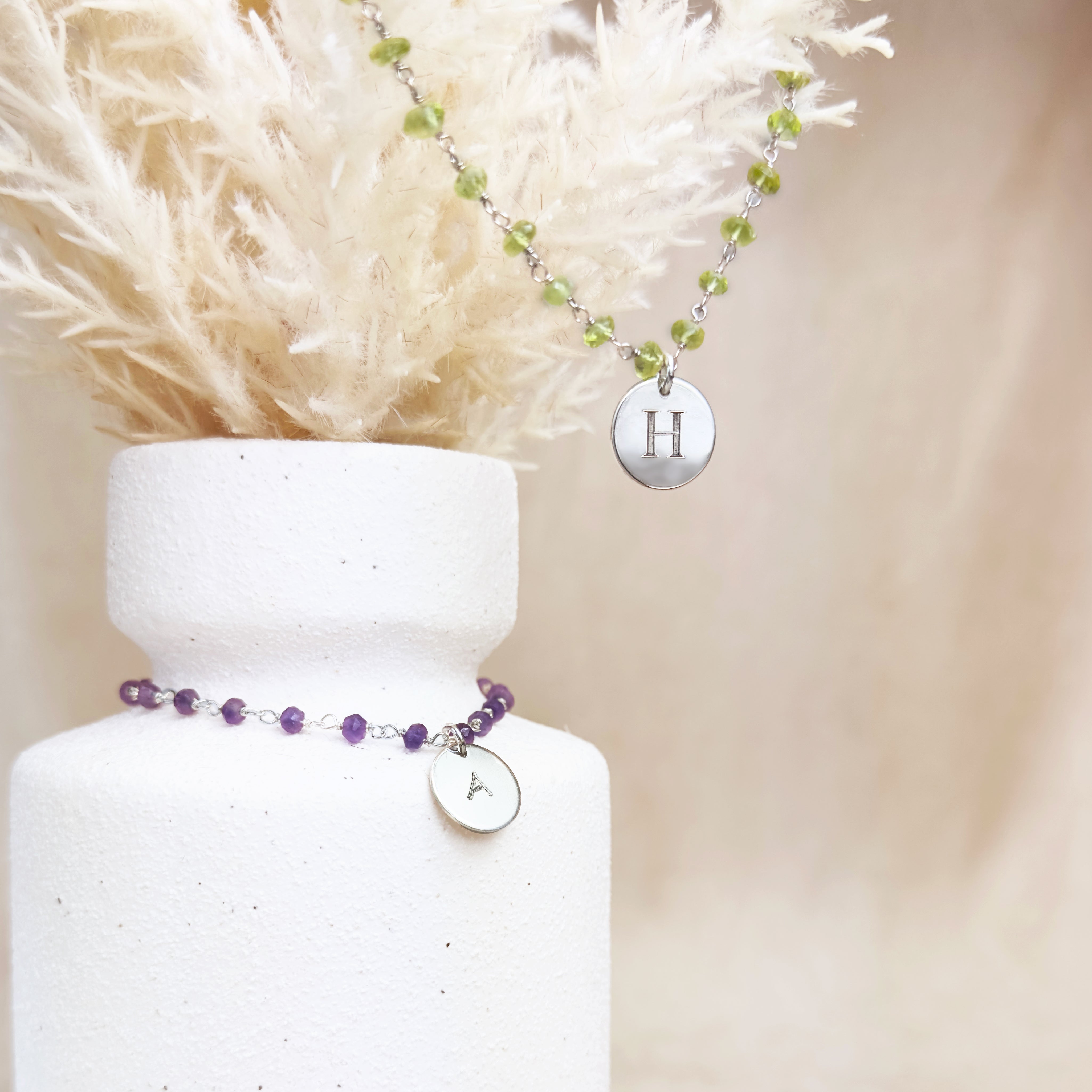 Gemstone Daisy Chain Necklace with Custom Initial, Sterling Silver or Gold, Natural Crystal Choker, Personalized Unique Wire Wrapped Gift for Her