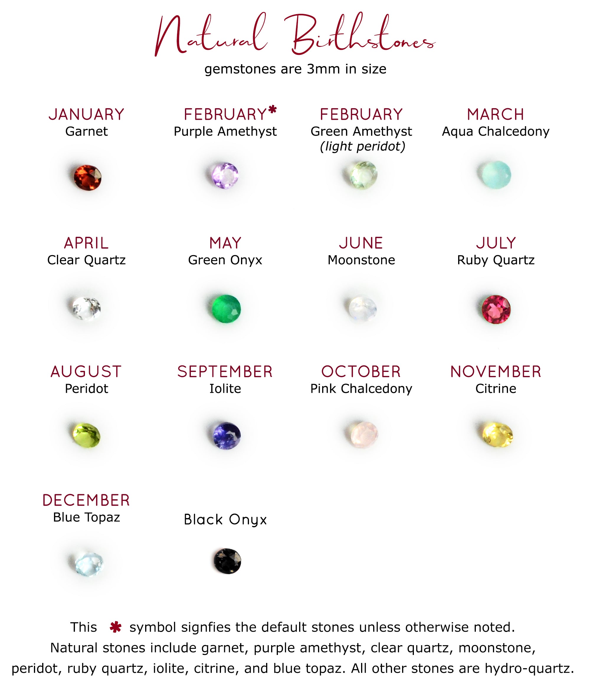 tiny round gemstone birth month rings! Available in garnet, purple amethyst, green amethyst, aqua chalcedony, clear quartz, green onyx, moonstone, ruby quartz, peridot, kyanite, pink chalcedony, opalite, citrine and blue topaz