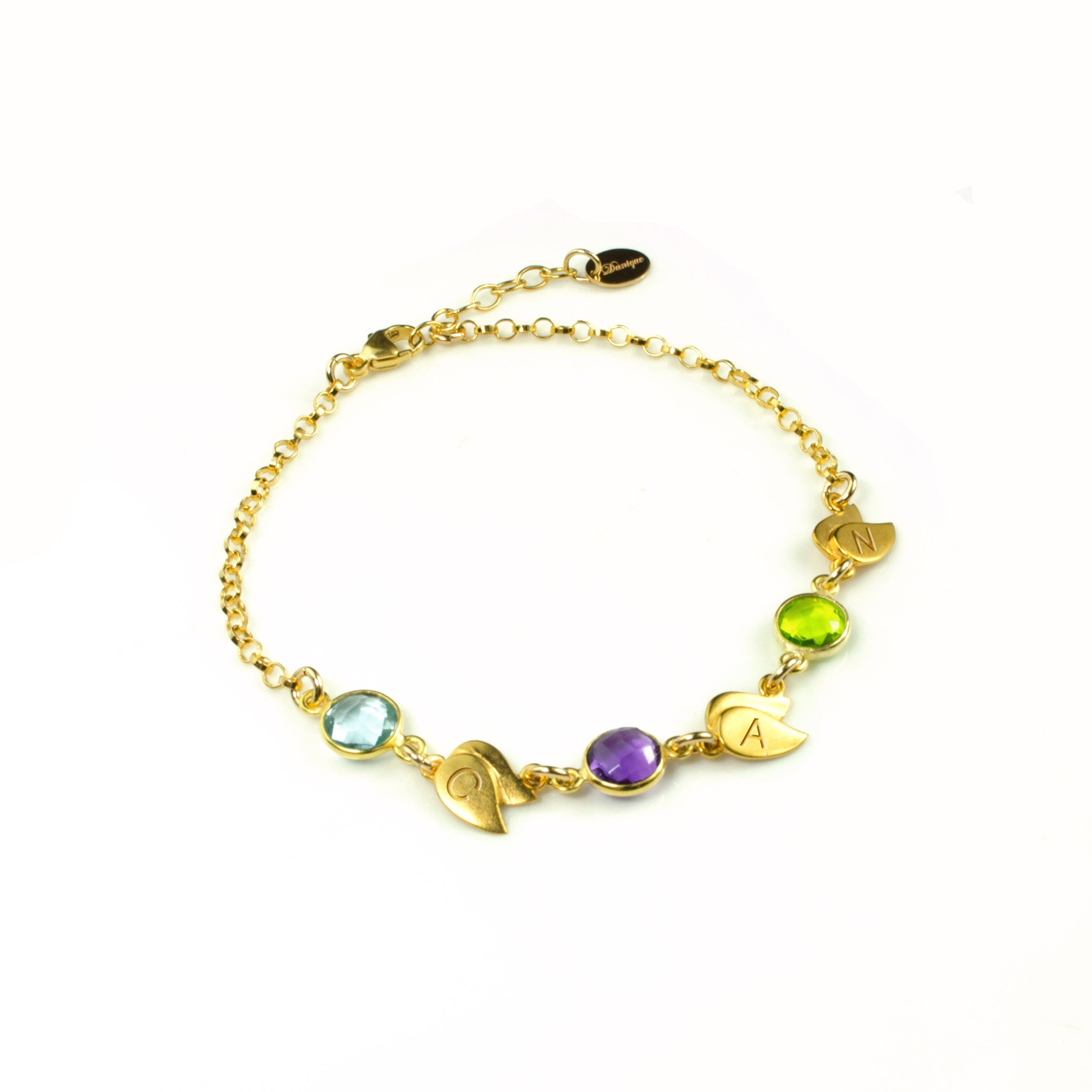 Yellow Gold Birthstone & Initial Bracelet for Mom Grandma Sister Niece Aunt Christmas Gift for Her Valentine's Day Gift For Her Three Stones and Initials Sky Blue Topaz Purple Amethyst Peridot Stones