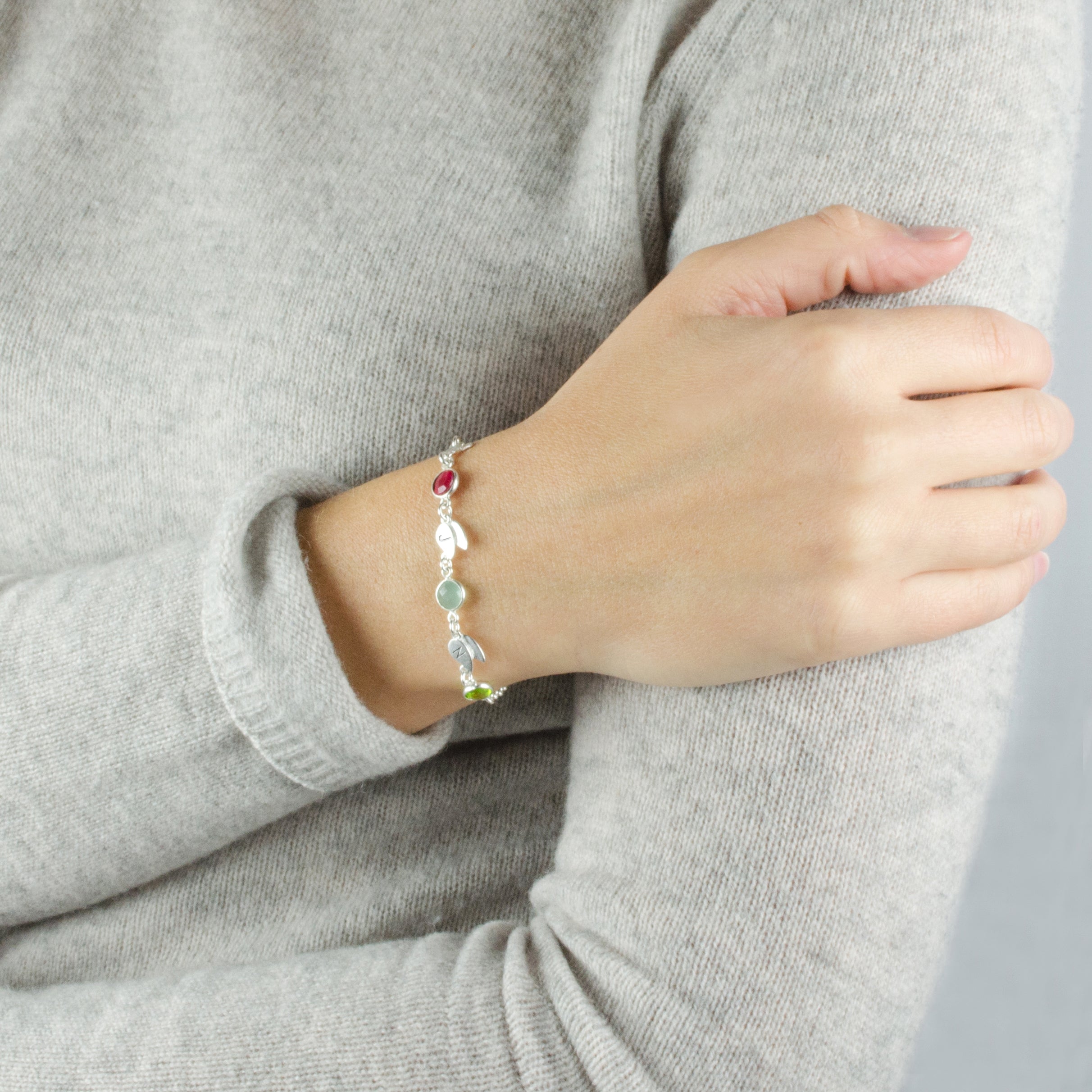 Personalized Bracelet with Birthstones & Leaf Charms Sterling Silver Jewelry Three Birthstones and Engraved Initial Charms Garnet Aqua Chalcedony Peridot Gemstones