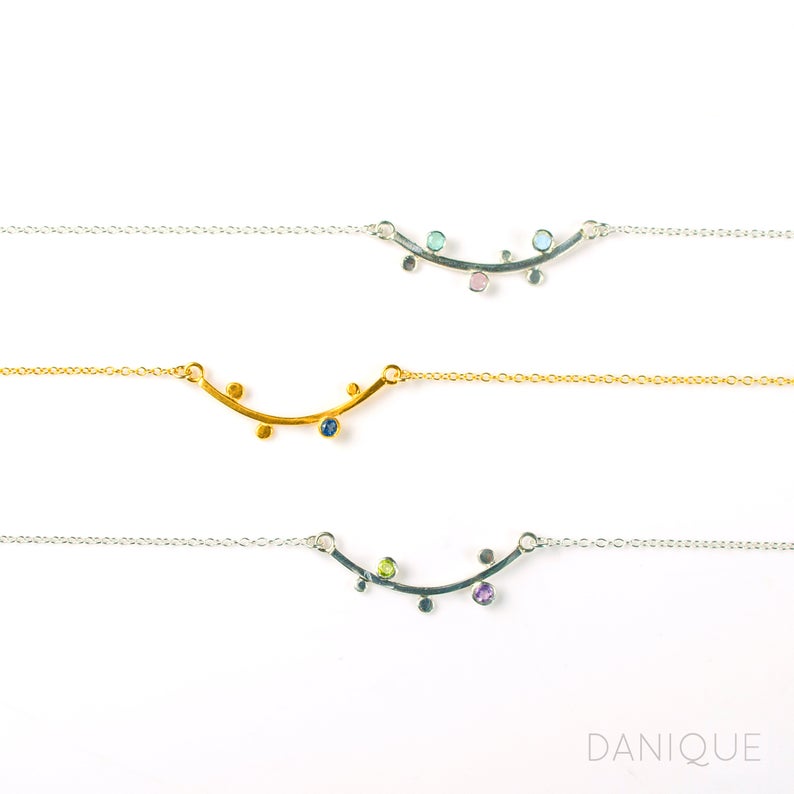 Curved Bar Necklace with Birthstones Sterling Silver, Rose Gold, Gold, Family Tree Christmas Gift for Grandmother, Stocking Stuffer Necklace for Mom