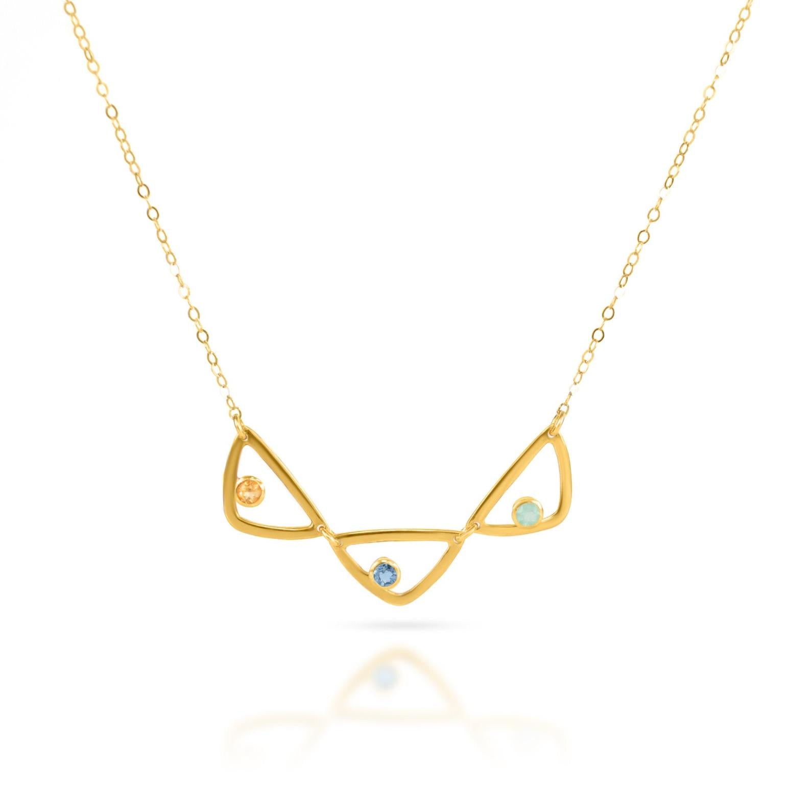 Single gold filled triangle geometric necklace with citrine kyanite and aqua chalcedony birthstones.