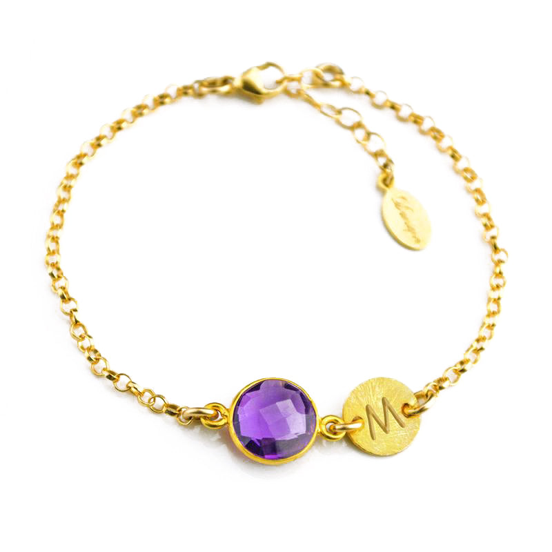 Personalized Purple Amethyst Bracelet with Initial Charm • February Birthstone