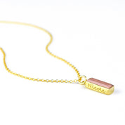 Vertical gold filled chain october pink chalcedony adira style birthstone bar with secret message engraved in script