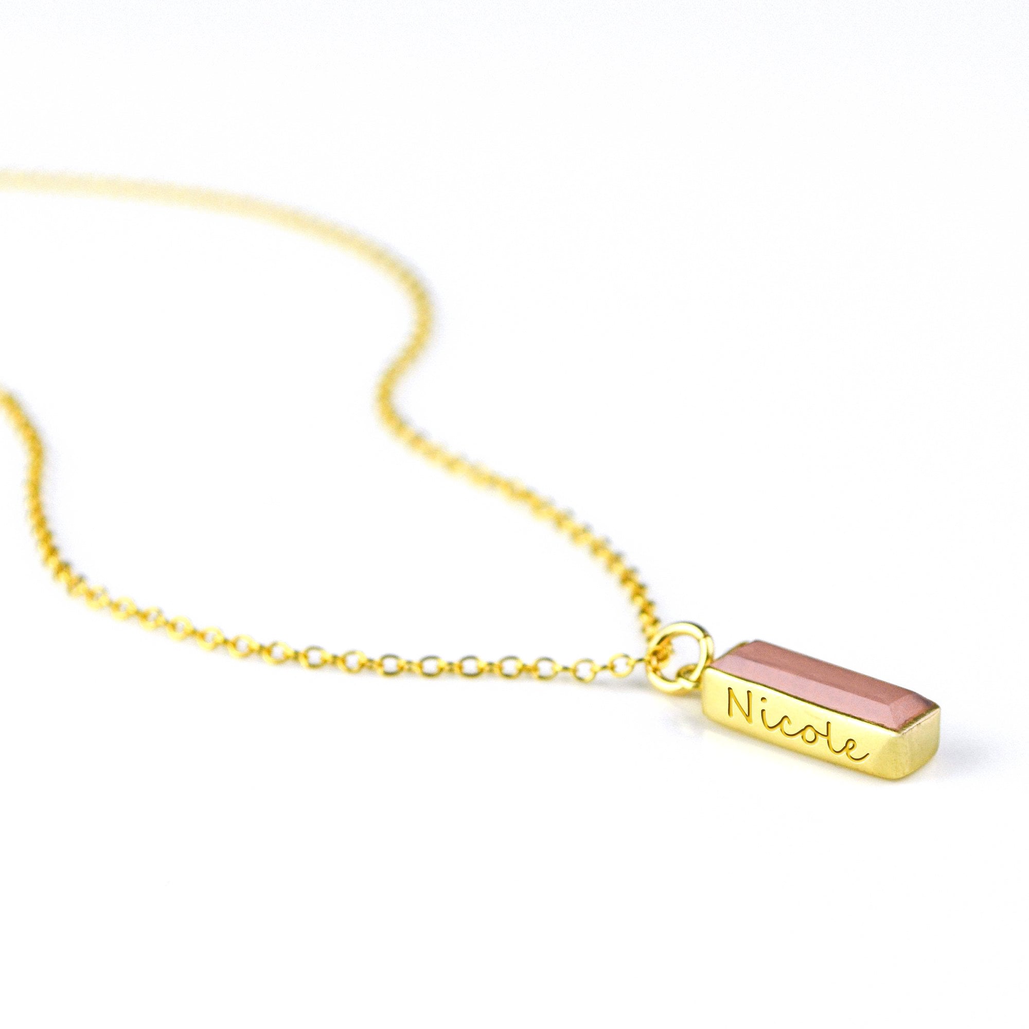 Vertical gold filled chain october pink chalcedony adira style birthstone bar with secret message engraved in script