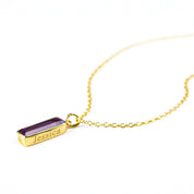 Secret message engraving Gold filled cable chain with purple amethyst vertical adira bar. February birthstone necklace in gold filled.